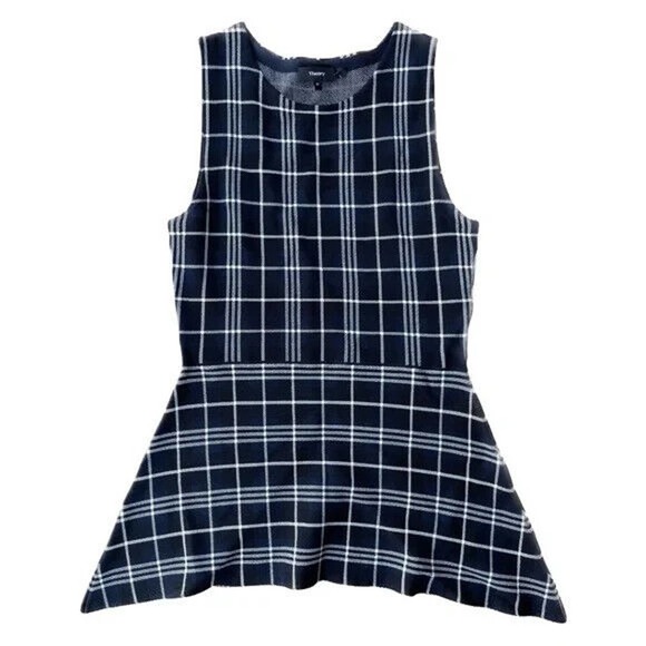 Theory Kalora Lustrate Peplum Top Plaid Navy Blue White Sleeveless Crew … - Picture 7 of 8